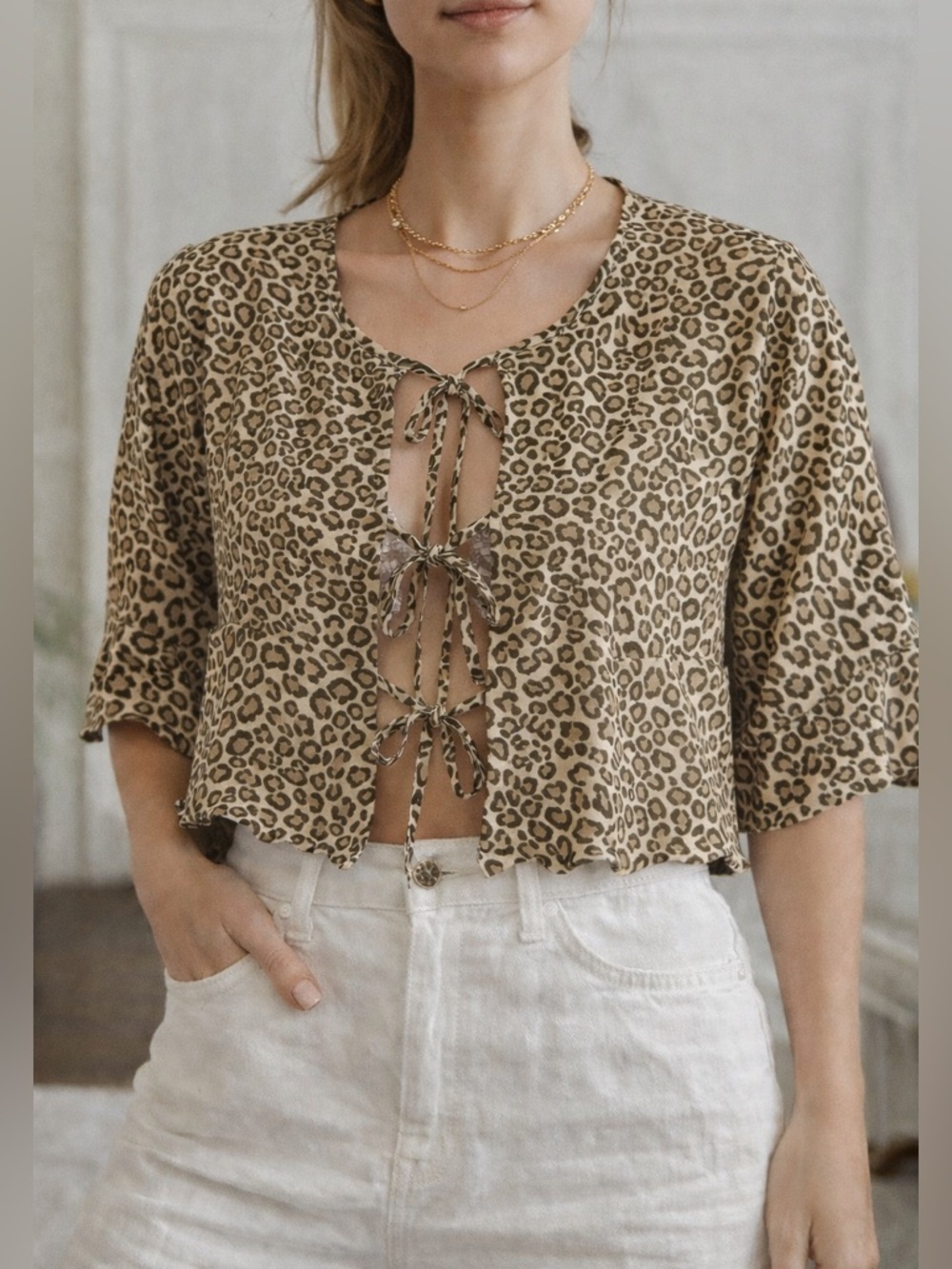 NWT Sister New York Leopard Linen Blend Scallop Bow Top Size S animal print chic